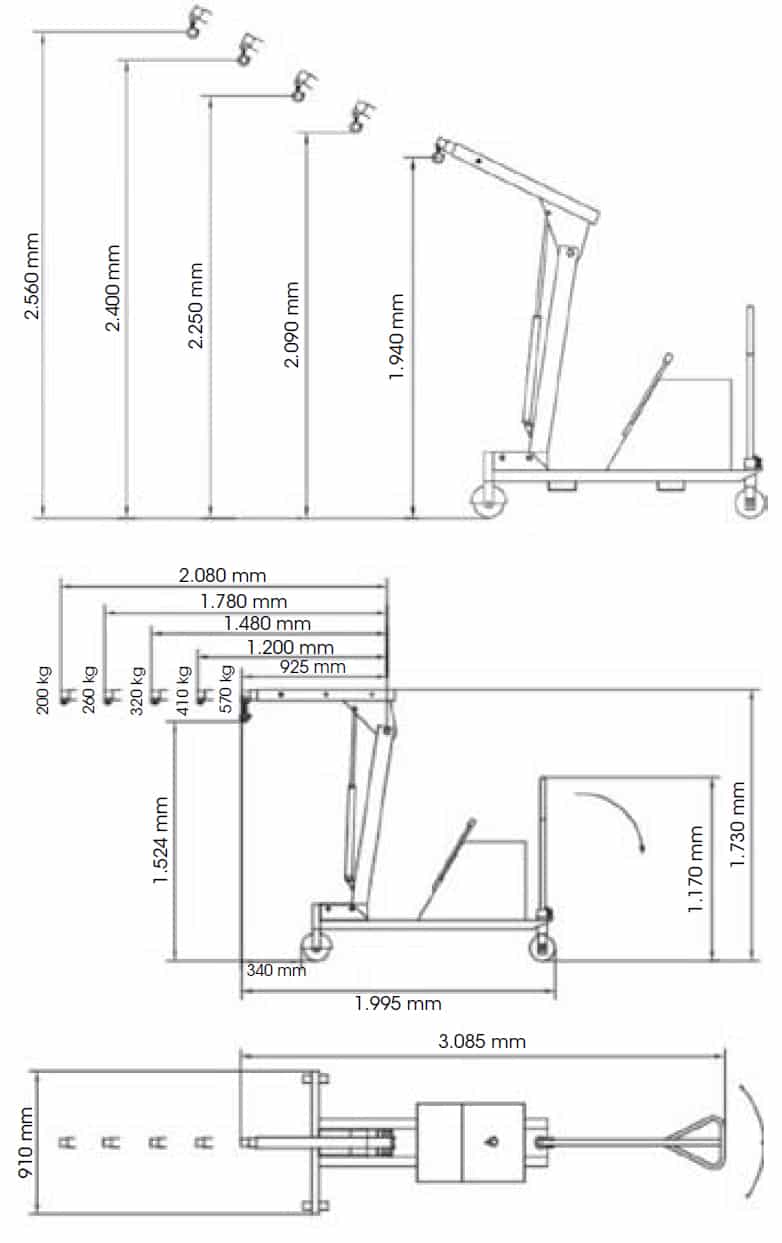 Electric or semi-automatic mini cranes with capacity up to 600 kg.
